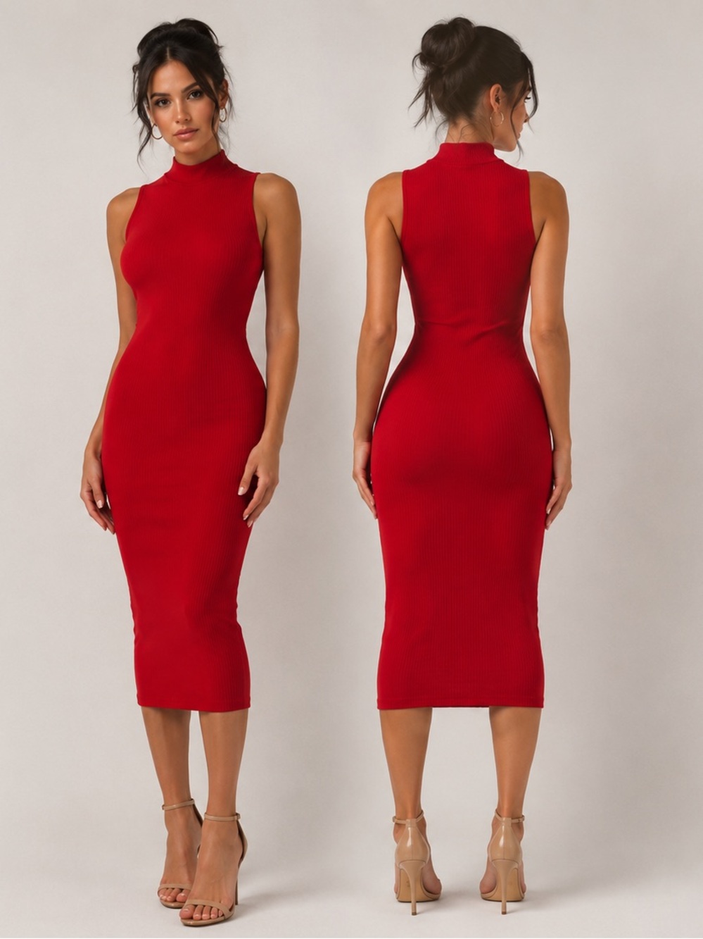 Red Ribbed Bodycon Mini Dress XS Sleeveless Mock Neck Stretch Fitted Chic